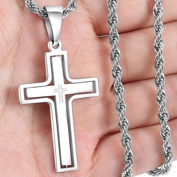 COPY - Men’s Large Silver Cross Necklace - Picture 4 of 6